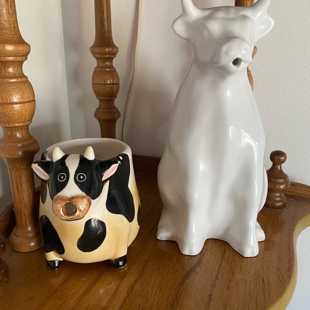 Ceramic Tall White Cow Pitcher and Small Cream Pitcher